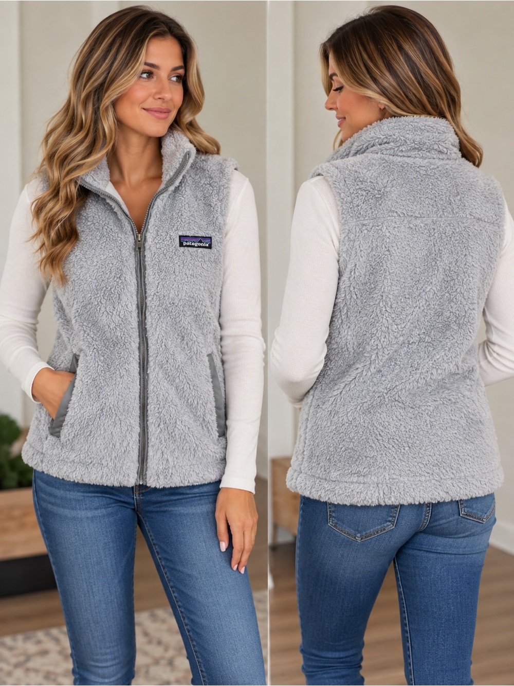 Patagonia Light Gray Teddy Sherpa Zip Vest
